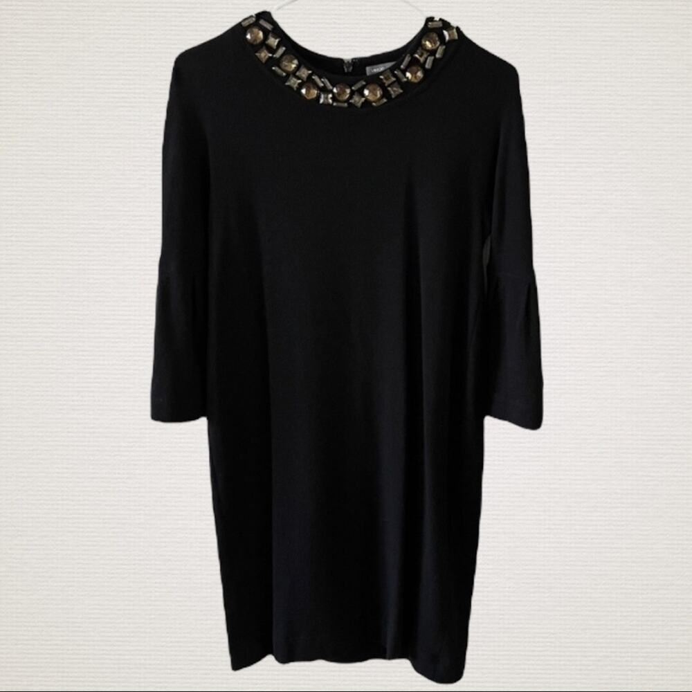 Vince Sweater Dress Womens Medium Black Jeweled Neck Bell Sleeve Cocktail Flaw
